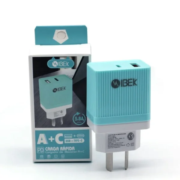 Cabezal cargador puerto usb + type c 5.8A IBEK IB-582