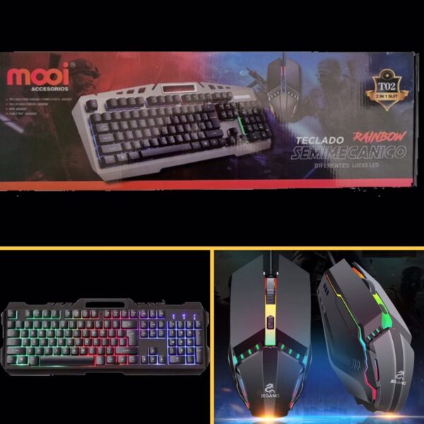 TECLADO SEMI MECANICO GAMER MOOI LUCES + MOUSE GAMER – BORDES DE METAL – BASE PARA PONER EL CELU