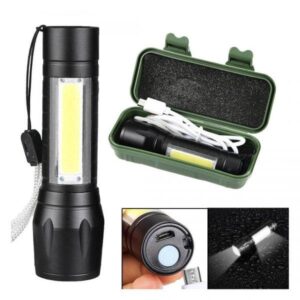 MINI LINTERNA CON ZOOM NEGRA BATERIA RECARGABLE – INCLUYE ESTUCHE