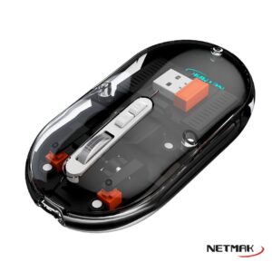 MOUSE INALAMBRICO NEGRO TRANSPARENTE NETMAK 2.4 GHZ + BLUETOOTH A BATERIA RECARGABLE