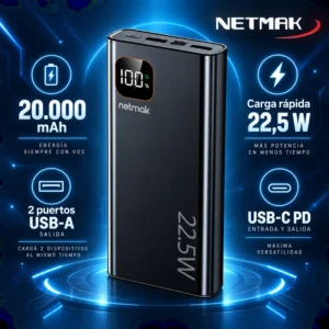 POWER BANK NETMAK 20.000 MAH CARGA RÁPIDA 22,5 W