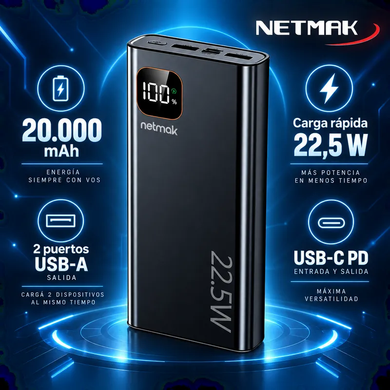 POWER BANK NETMAK 20.000 MAH CARGA RÁPIDA 22,5 W